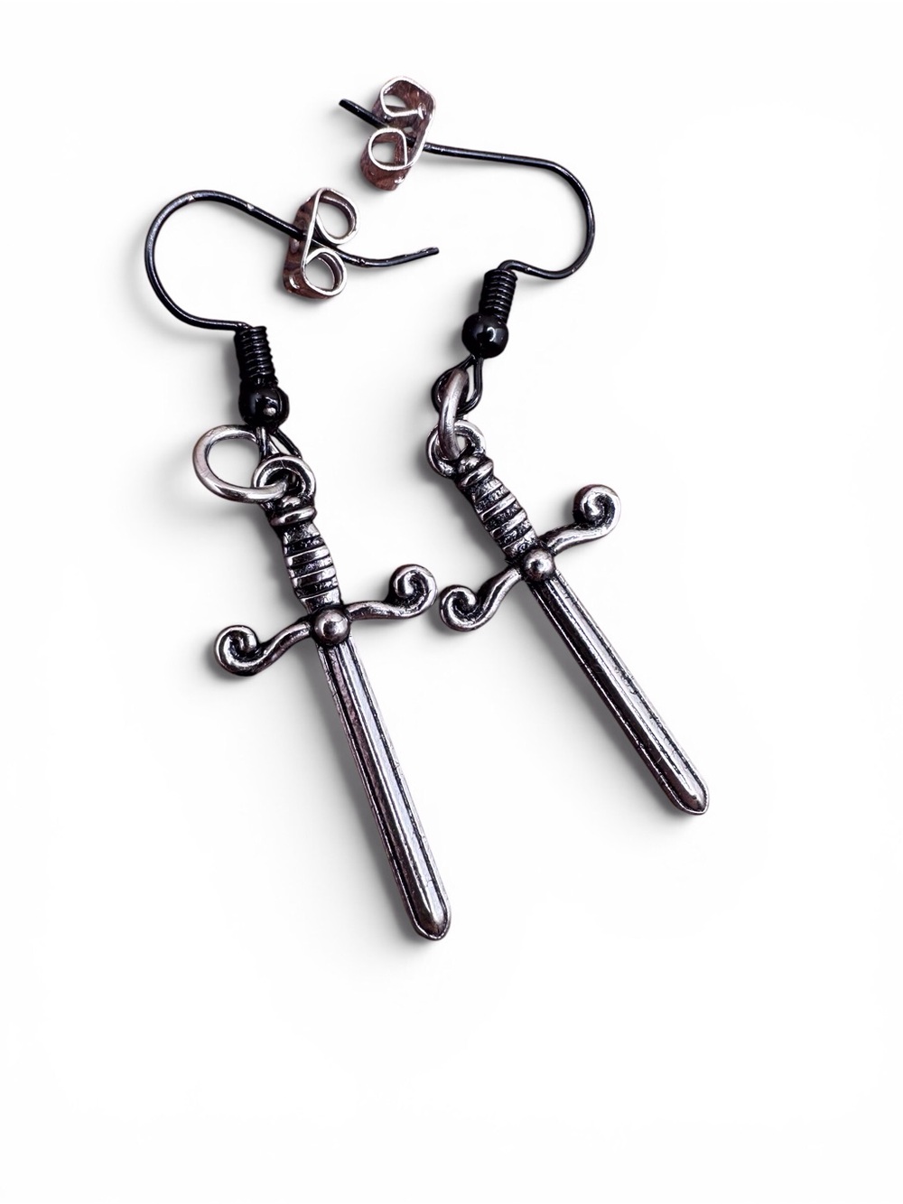 Dagger Sword Drop Earrings in Metallic Silver